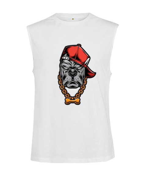 Tisho - Gangster Köpek Şapkalı Ve Altın Kemik Kolye Beyaz Kesik Kol Unisex Tişört