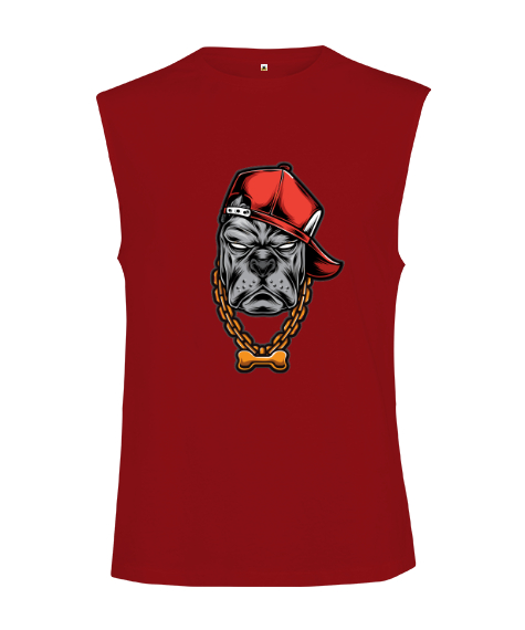 Tisho - Gangster Köpek Şapkalı Ve Altın Kemik Kolye Kırmızı Kesik Kol Unisex Tişört