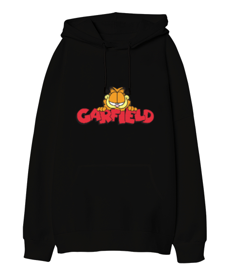 Tisho - Garfield Siyah Oversize Unisex Kapüşonlu Sweatshirt