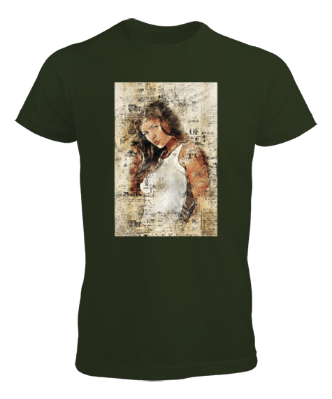 Tisho - Gazete Sayfası ve Kız Silüeti Poster- Girl Silhouette Haki Yeşili Erkek Tişört