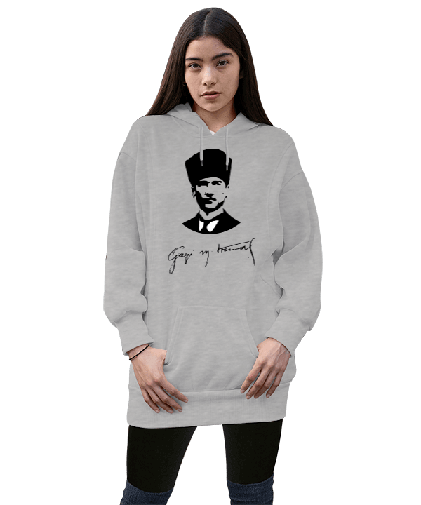 Tisho - Gazi Mustafa Kemal Atatürk Kadın Uzun Hoodie Kapüşonlu Sweatshirt