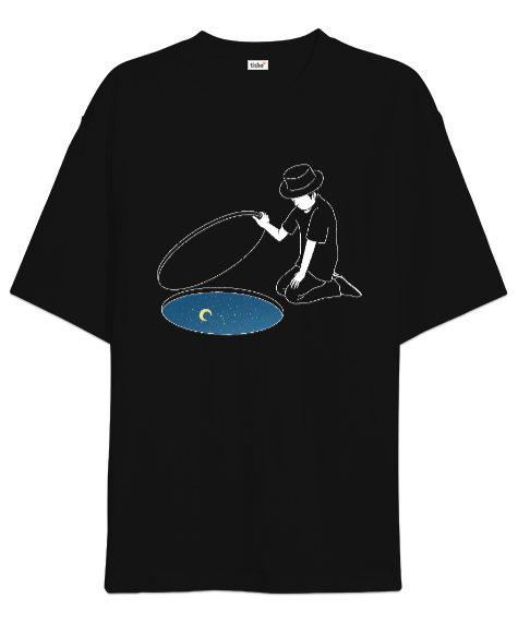 Tisho - Gece Gökyüzü ve Adam Siyah Oversize Unisex Tişört