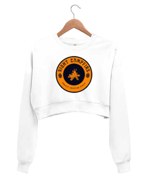 Tisho - Gece Kamp Ateşi Kampçılık Özel Tasarım Beyaz Kadın Crop Sweatshirt