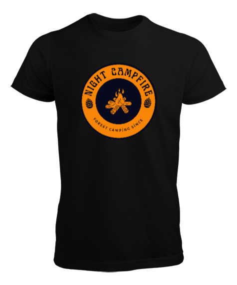 Tisho - Gece Kamp Ateşi Kampçılık Özel Tasarım Siyah Erkek Tişört