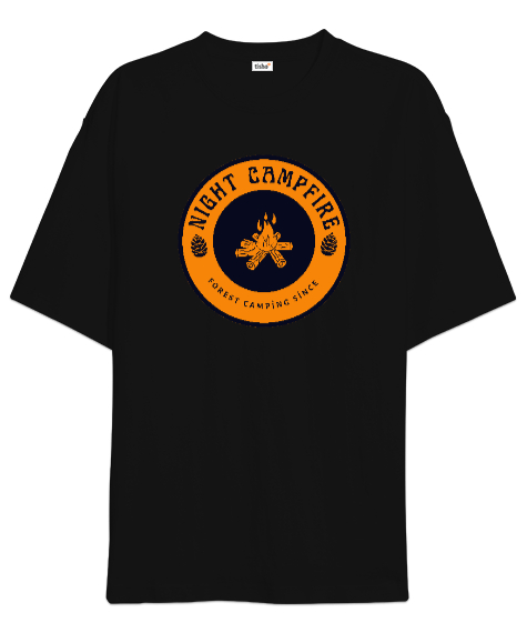 Tisho - Gece Kamp Ateşi Kampçılık Özel Tasarım Siyah Oversize Unisex Tişört