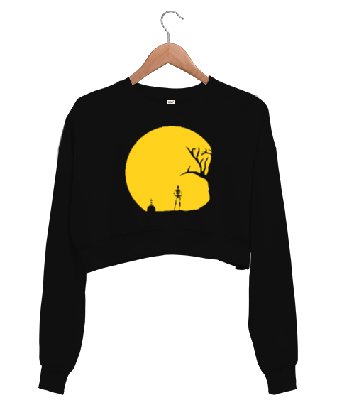 Tisho - Gece ve İskelet - Skeleton Siyah Kadın Crop Sweatshirt