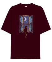 Gece ve Penceredeki Kedi - Night And Cat Bordo Oversize Unisex Tişört - Tisho