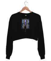 Gece ve Penceredeki Kedi - Night And Cat Siyah Kadın Crop Sweatshirt - Tisho