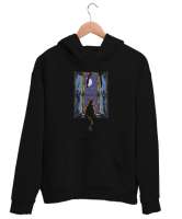 Gece ve Penceredeki Kedi - Night And Cat Siyah Unisex Kapşonlu Sweatshirt - Tisho