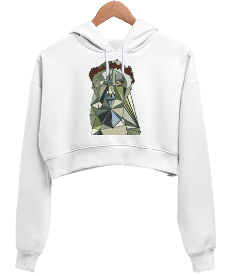 Tisho - Geometri Beyaz Kadın Crop Hoodie Kapüşonlu Sweatshirt