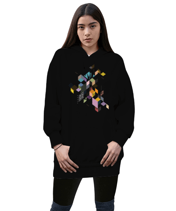 Tisho - Geometrik Kadın Uzun Hoodie Kapüşonlu Sweatshirt