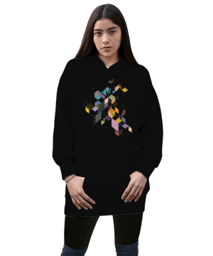 Tisho - Geometrik Kadın Uzun Hoodie Kapüşonlu Sweatshirt