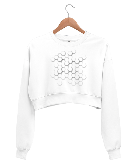 Tisho - Geometrik Şekil - Petek Beyaz Kadın Crop Sweatshirt