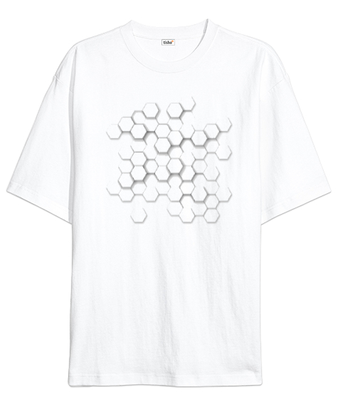 Tisho - Geometrik Şekil - Petek Beyaz Oversize Unisex Tişört