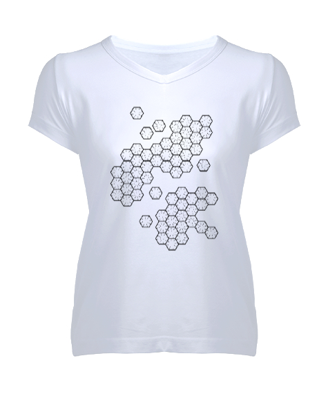 Tisho - Geometrik Şekil - Petek V3 Beyaz Kadın V Yaka Tişört