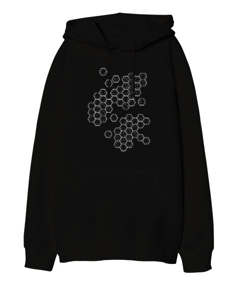 Tisho - Geometrik Şekil - Petek V3 Siyah Oversize Unisex Kapüşonlu Sweatshirt