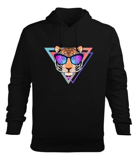 Tisho - Geometrik üçgen içinde gözlüklü kaplan tasarımı Siyah Erkek Kapüşonlu Hoodie Sweatshirt
