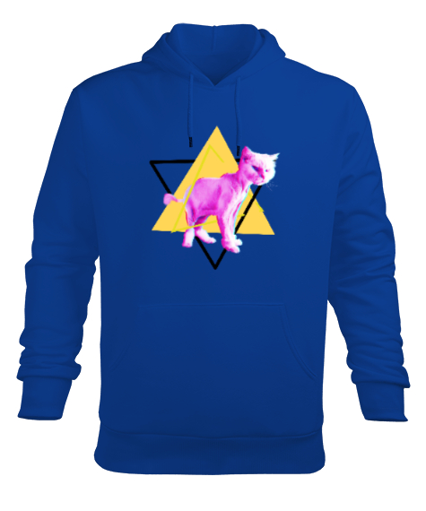 Tisho - Geometrik üçgen içinde kedi tasarımı Saks Mavi Erkek Kapüşonlu Hoodie Sweatshirt