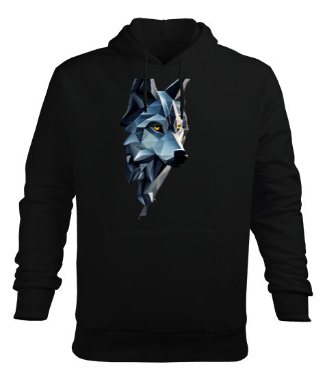 Tisho - Gerçekçi Buz ve Kristal Bozkurt Siyah Erkek Kapüşonlu Hoodie Sweatshirt