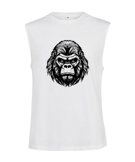 Tisho - Gerçekçi Karakalem Orangutan Tasarımı Beyaz Kesik Kol Unisex Tişört