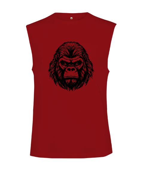 Tisho - Gerçekçi Karakalem Orangutan Tasarımı Kırmızı Kesik Kol Unisex Tişört