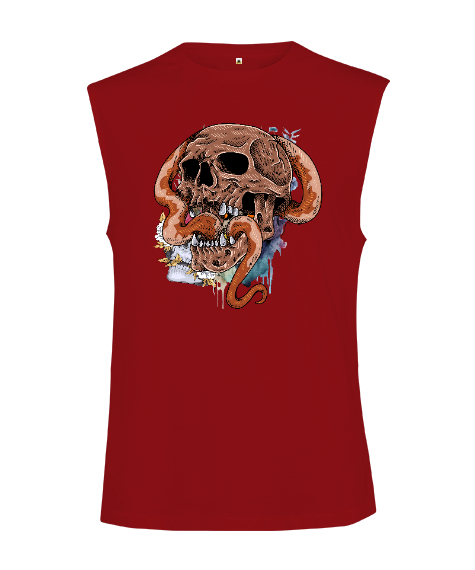 Tisho - Gerçekçi Korkunç Kurukafa ve yaratık özel tasarım fitness motivasyon Kırmızı Kesik Kol Unisex Tişört