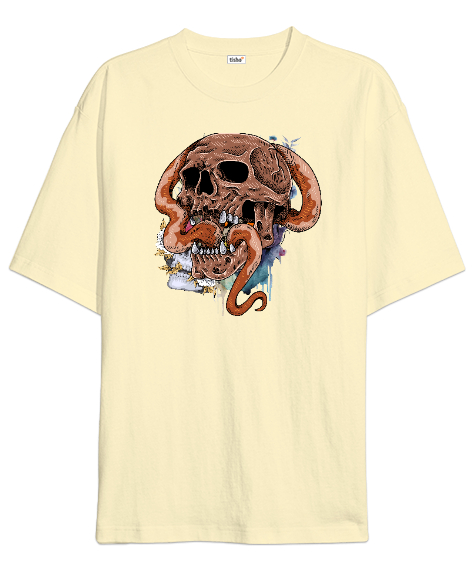 Tisho - Gerçekçi Korkunç Kurukafa ve yaratık özel tasarım Krem Oversize Unisex Tişört