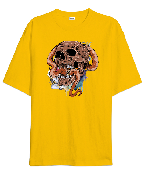 Tisho - Gerçekçi Korkunç Kurukafa ve yaratık özel tasarım Sarı Oversize Unisex Tişört