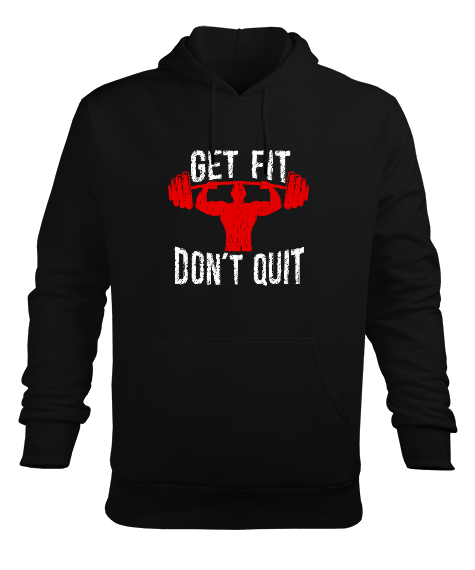 Tisho - Get Fit Do Not Quit Tasarım Baskılı Siyah Erkek Kapüşonlu Hoodie Sweatshirt