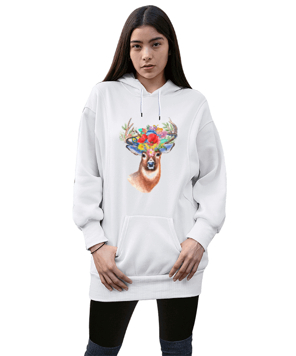 Tisho - Geyikli Kadın Uzun Hoodie Kapüşonlu Sweatshirt