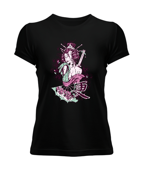 Tisho - Geyşa Samuray Siyah Kadın Tişört