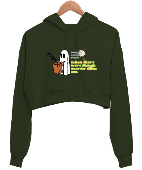 Tisho - Ghost Haki Yeşili Kadın Crop Hoodie Kapüşonlu Sweatshirt