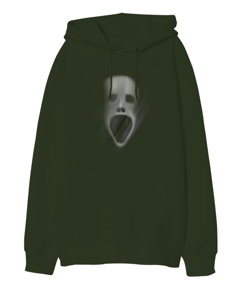 Tisho - Ghost - Hayalet Kafası Haki Yeşili Oversize Unisex Kapüşonlu Sweatshirt