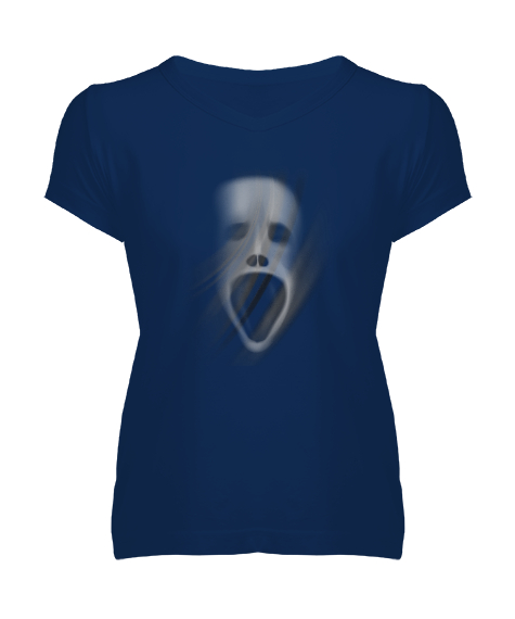 Tisho - Ghost - Hayalet Kafası Lacivert Kadın V Yaka Tişört