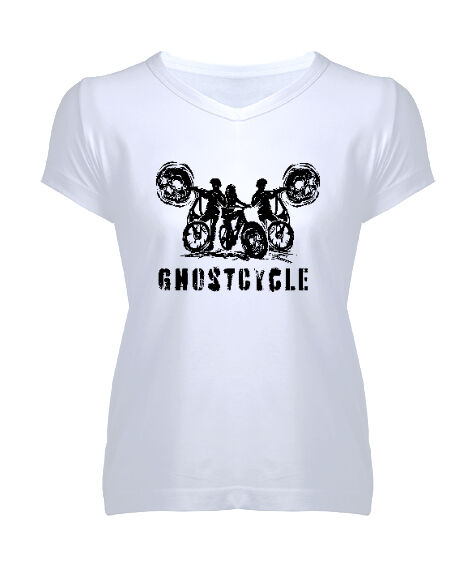 Tisho - Ghostcycle - Hayalet Sürücü Beyaz Kadın V Yaka Tişört