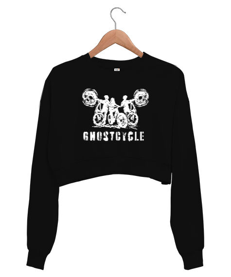 Tisho - Ghostcycle - Hayalet Sürücü Siyah Kadın Crop Sweatshirt