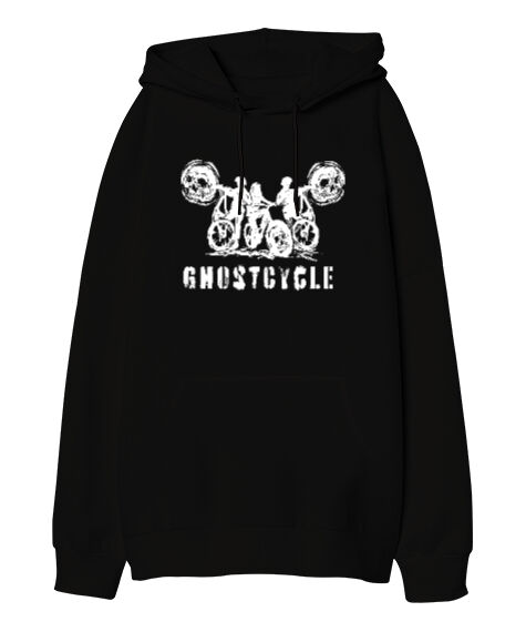 Tisho - Ghostcycle - Hayalet Sürücü Siyah Oversize Unisex Kapüşonlu Sweatshirt