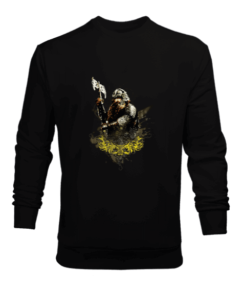 Tisho - Gimli Yüzüklerin Efendisi Axe Tasarımı Baskılı Siyah Erkek Sweatshirt
