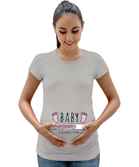 Tisho - GİRL BABY LOADING BASKI Gri Kadın Hamile Tişört
