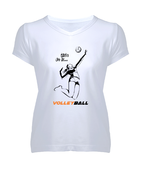 Tisho - Girls Do It - Volleyball - Voleybol Beyaz Kadın V Yaka Tişört