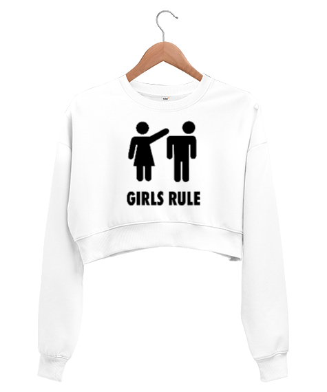 Tisho - Girls Rule - Kızlar Kuralı Beyaz Kadın Crop Sweatshirt