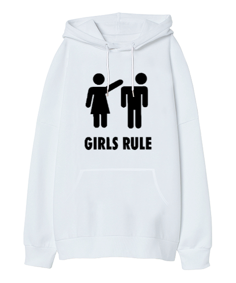 Tisho - Girls Rule - Kızlar Kuralı Beyaz Oversize Unisex Kapüşonlu Sweatshirt