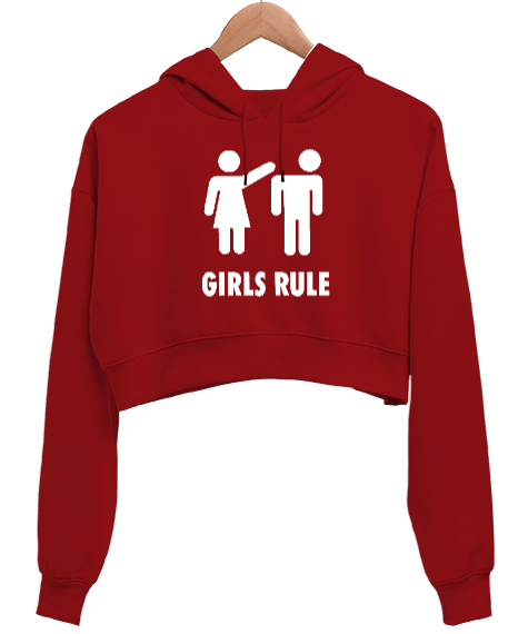 Tisho - Girls Rule - Kızlar Kuralı Kırmızı Kadın Crop Hoodie Kapüşonlu Sweatshirt