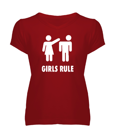 Tisho - Girls Rule - Kızlar Kuralı Kırmızı Kadın V Yaka Tişört