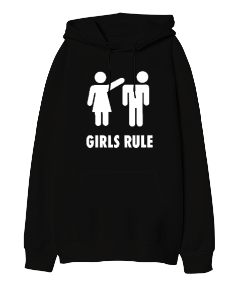 Tisho - Girls Rule - Kızlar Kuralı Siyah Oversize Unisex Kapüşonlu Sweatshirt