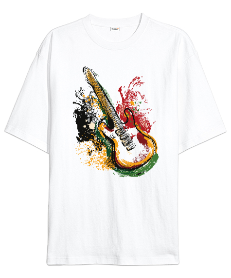 Tisho - Gitar Baskılı Beyaz Oversize Unisex Tişört