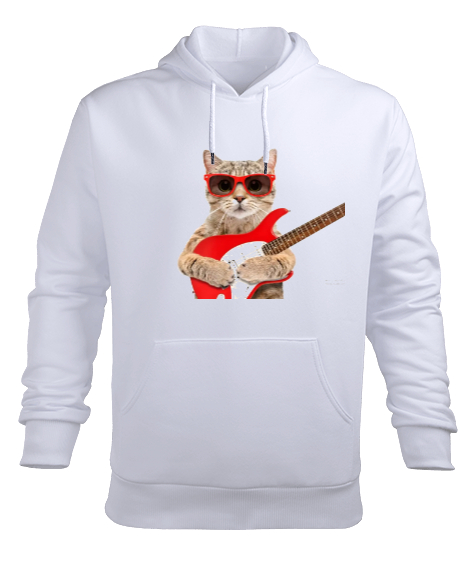 Tisho - gitar çalan kedi Beyaz Erkek Kapüşonlu Hoodie Sweatshirt