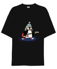 Gitar Çalan Penguen Oversize Unisex Tişört - Tisho