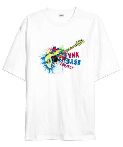 Tisho - Gitar ve Müzik - Funk Bass -Grafiti Beyaz Oversize Unisex Tişört