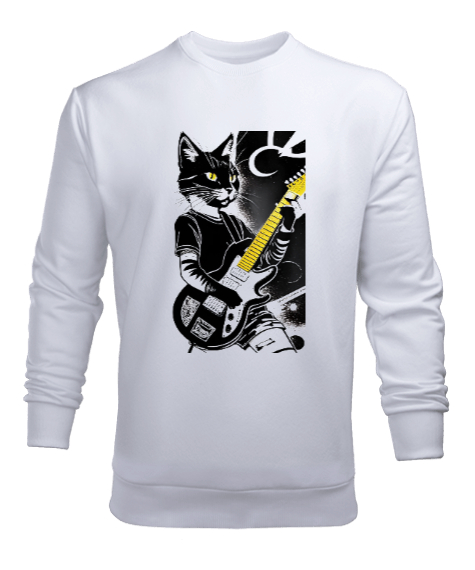 Tisho - Gitarist kedi baskılı Beyaz Erkek Sweatshirt